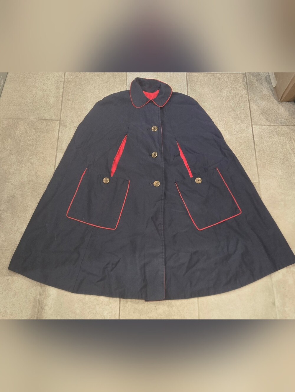 Vintage 1960s Wool Mod Cape Navy Blue Red Piping Nurse Cloak Coat 39" Length
